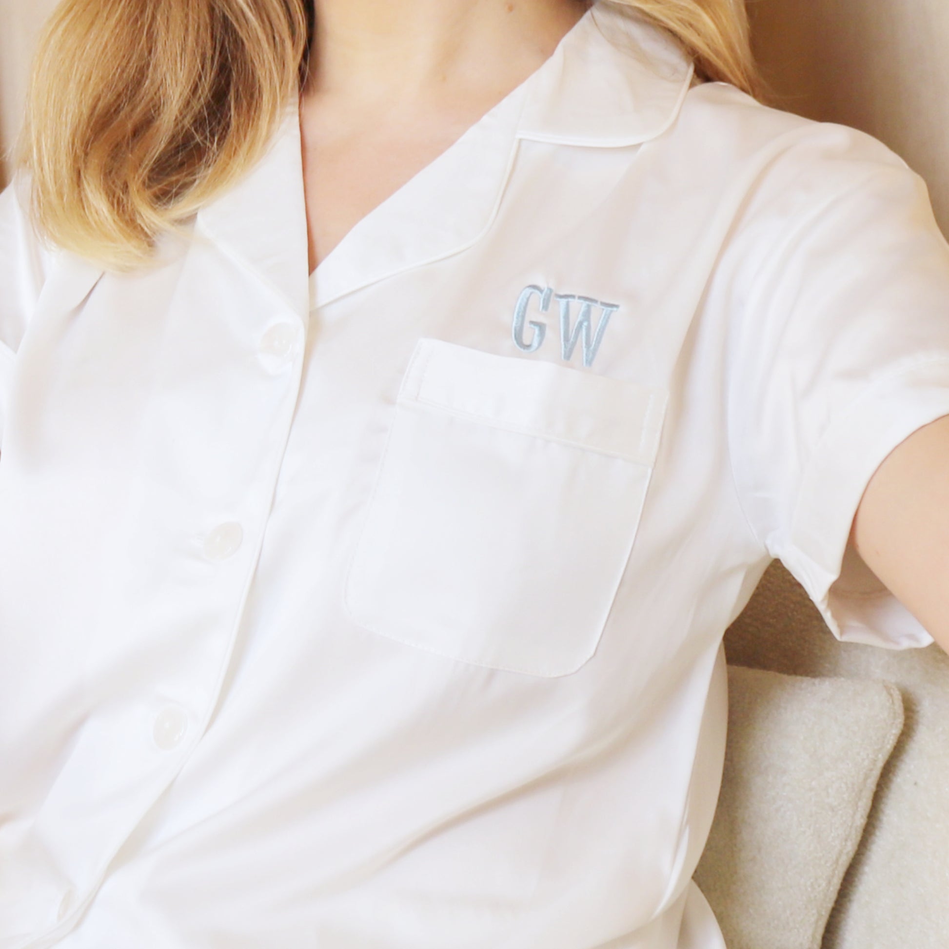 Personalised White Embroidered Silky Satin Pyjamas