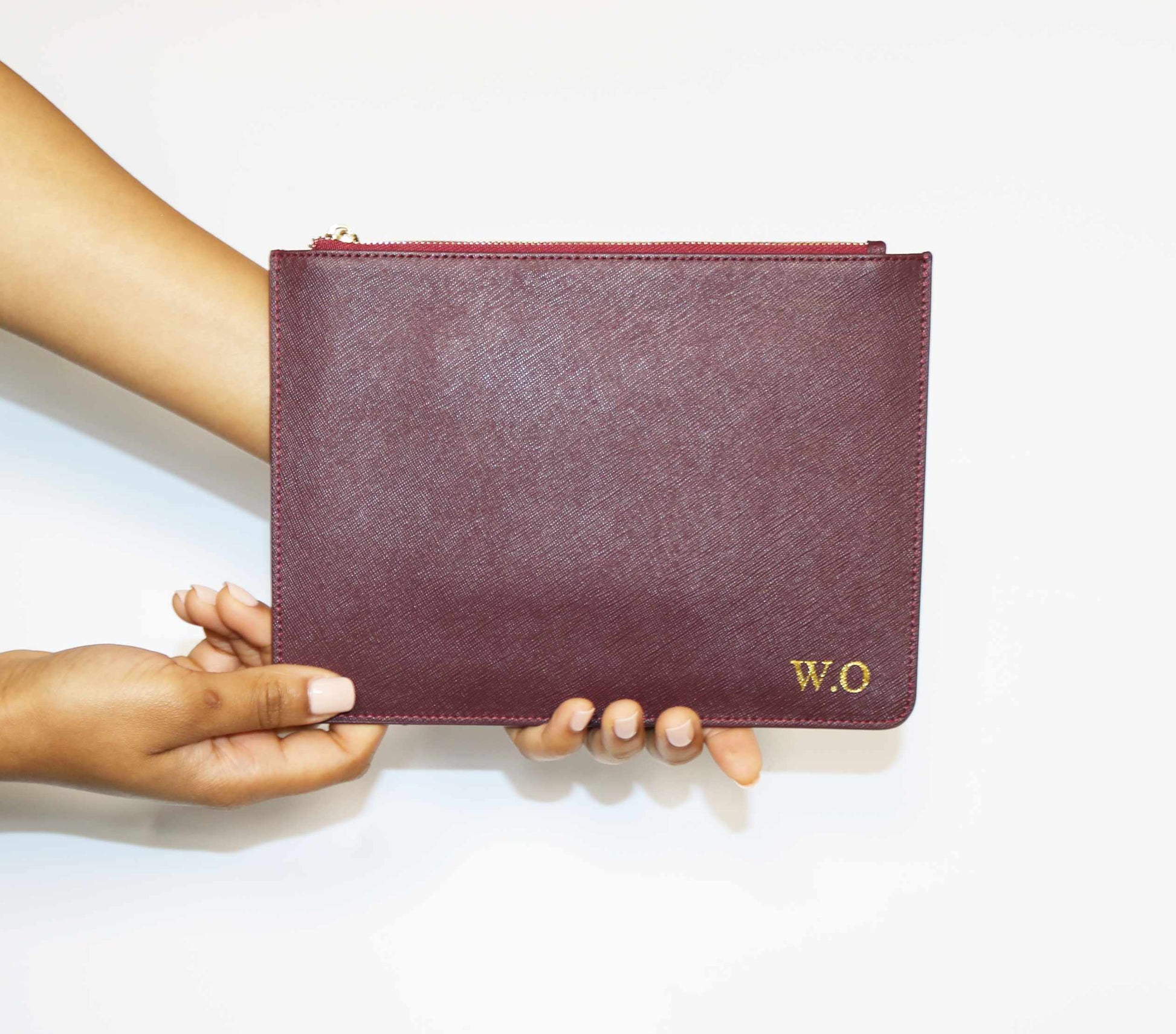 Monogrammed Burgundy leather Pouch