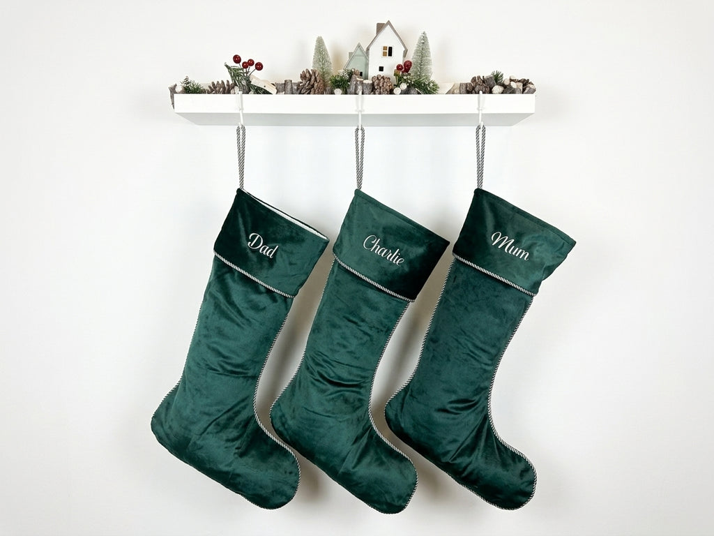 Personalised Green Velvet Christmas Stockings - Custom Embroidered Family Stockings