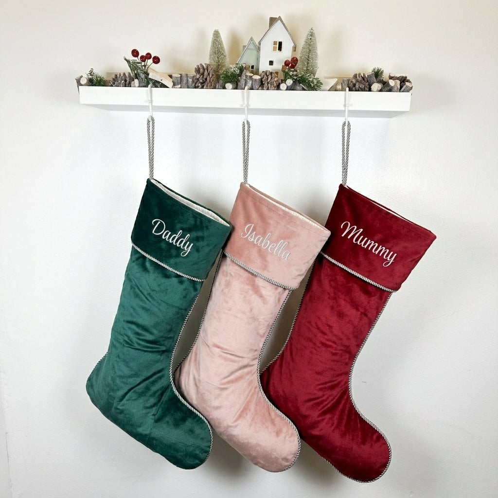 Personalised Green Velvet Christmas Stockings - Custom Embroidered Family Stockings
