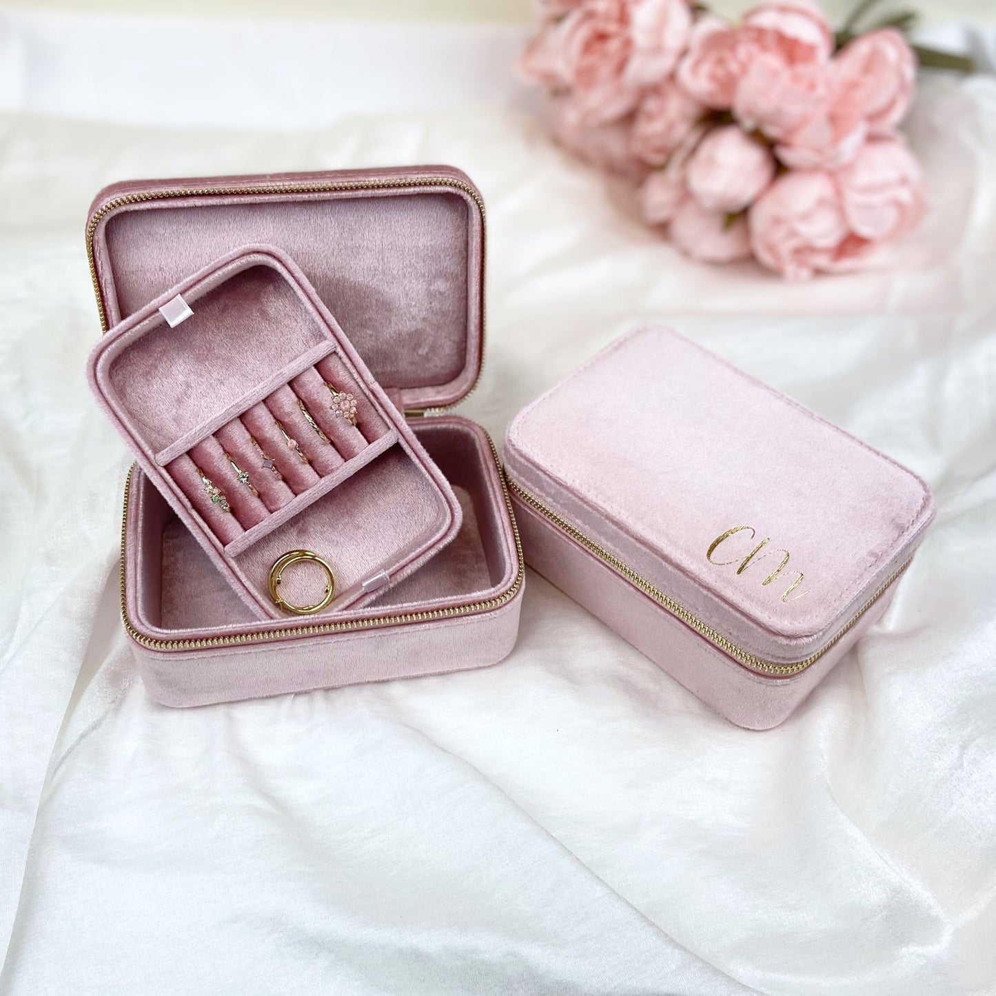 Personalised Blush Pink Velvet Jewellery box - Large