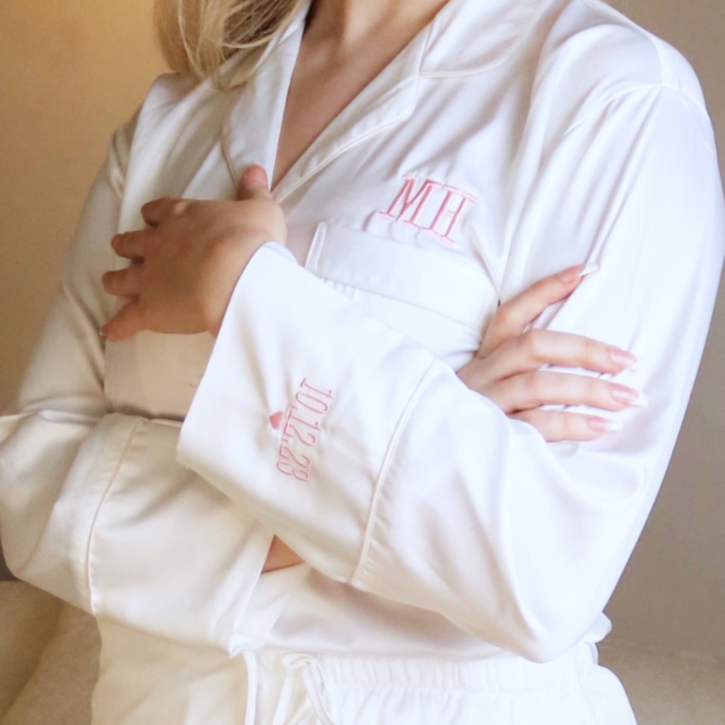 Personalised White Long Sleeve Embroidered Silky Satin Pyjamas