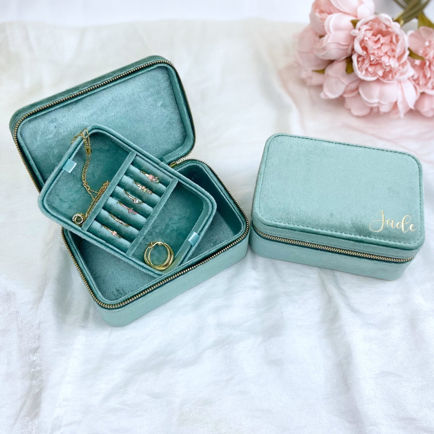 Personalised Mint Green Velvet Jewellery box - Large