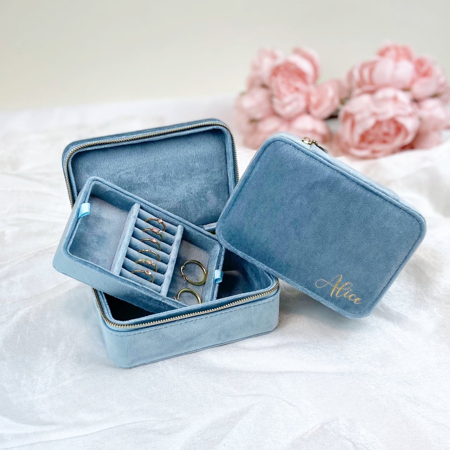 Personalised Powder Blue Velvet Jewellery box - Large