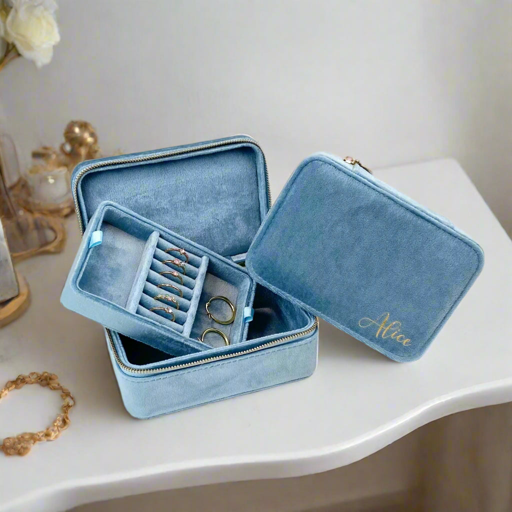 Personalised Powder Blue Velvet Jewellery box - Large