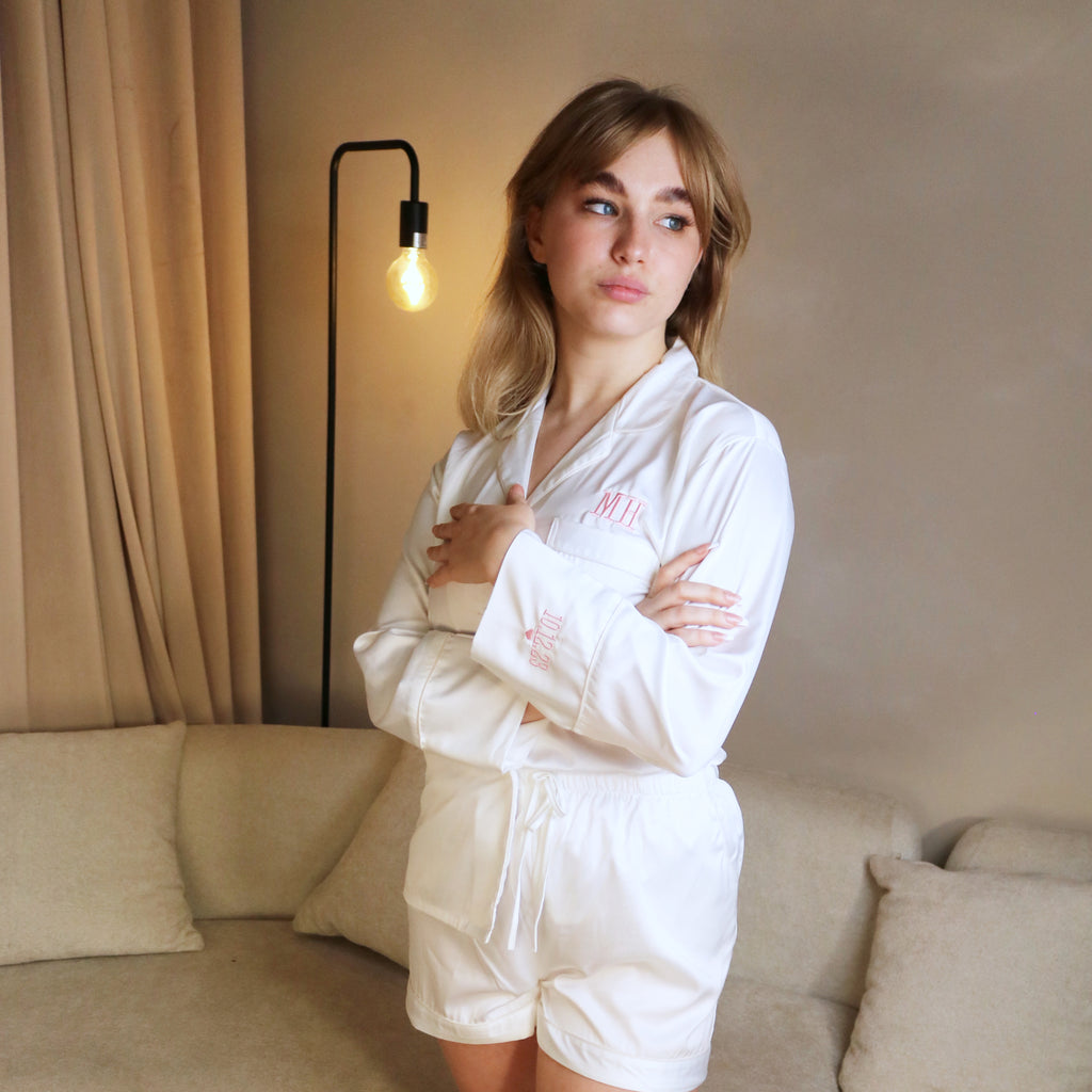 White Wedding Keepsake Pyjamas with Sleeve Embroidery