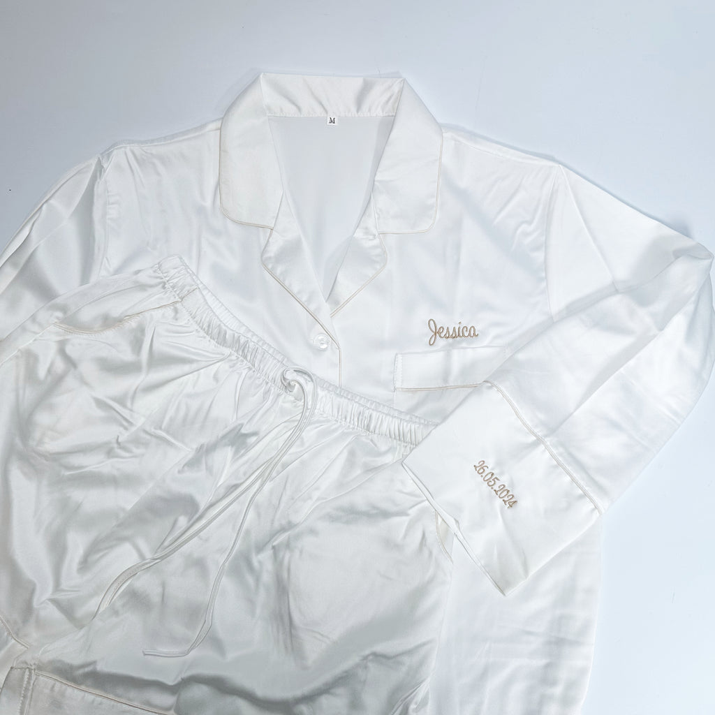 White Wedding Keepsake Pyjamas with Sleeve Embroidery