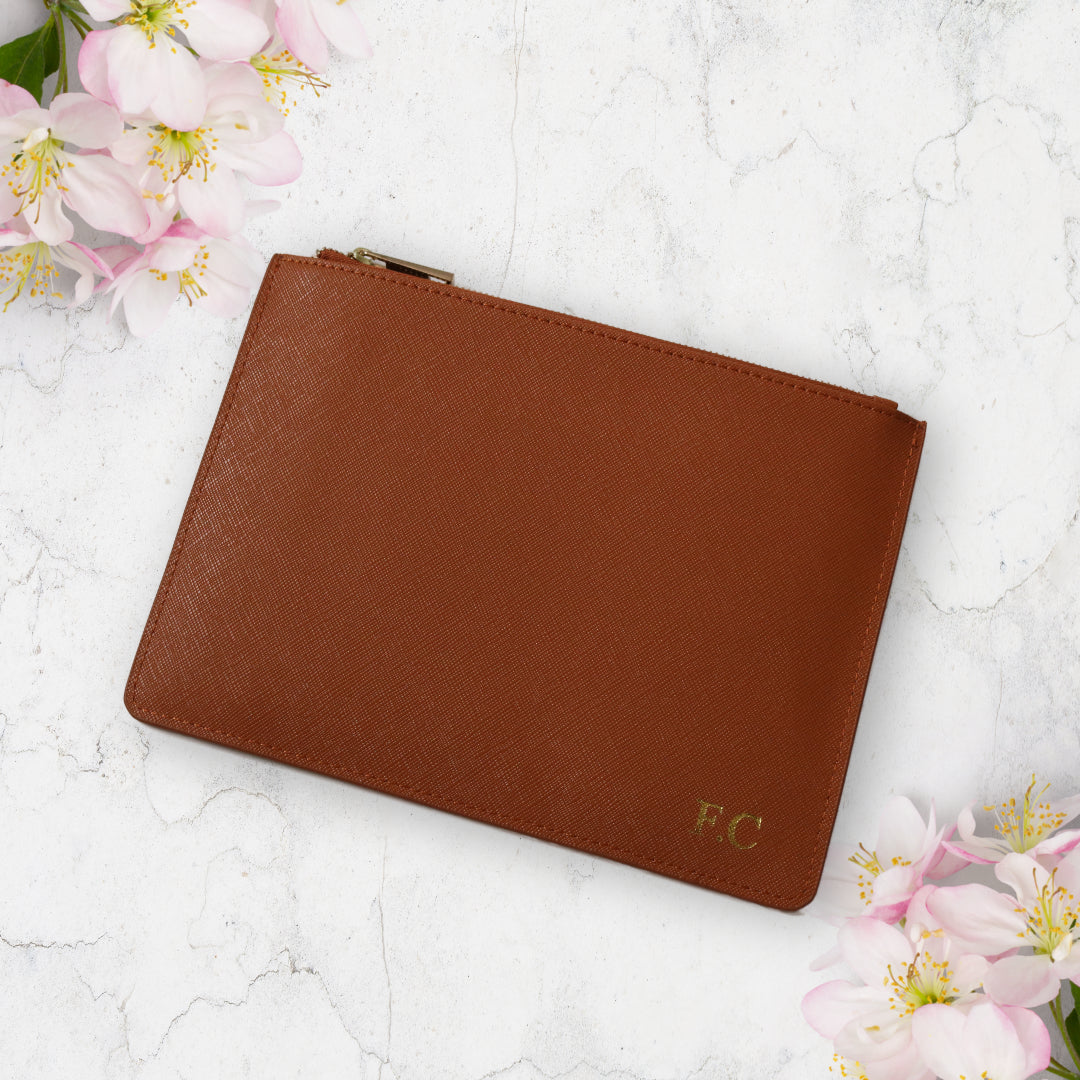 Monogrammed Tan Leather Pouch